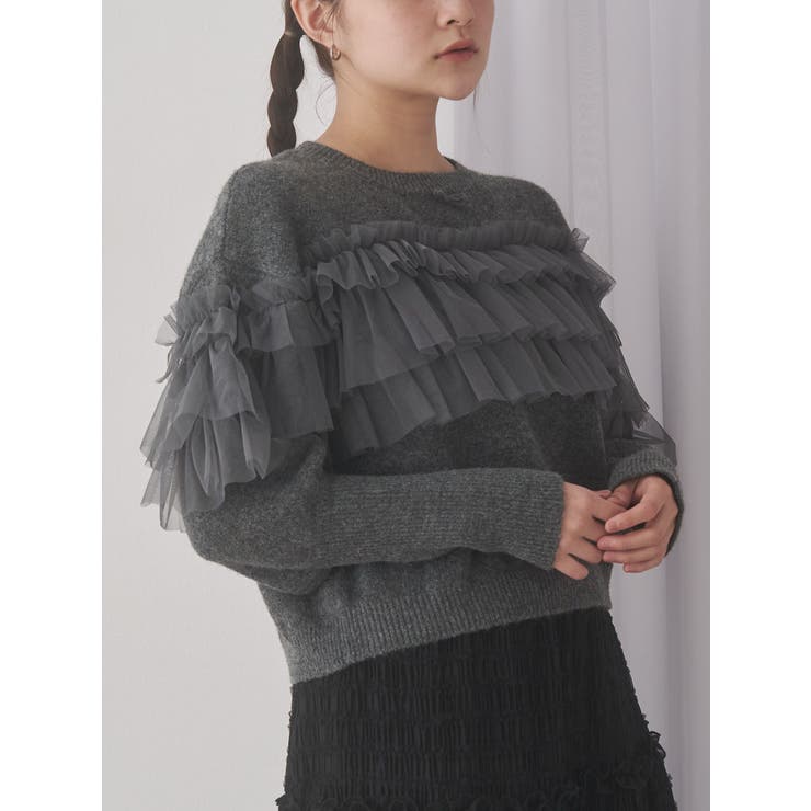 チャコールグレー | デコラティブチュールニットトップス | merry jenny