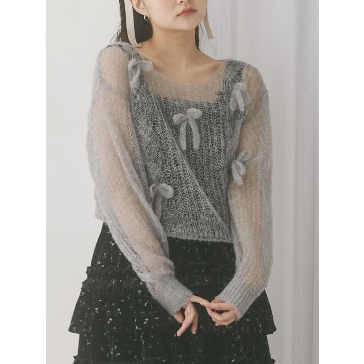 グレー | 透かし編みリボンニット | merry jenny