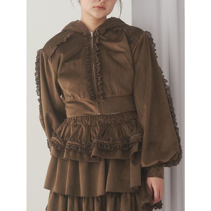 ブラウン | ベロアレースジップパーカー | merry jenny