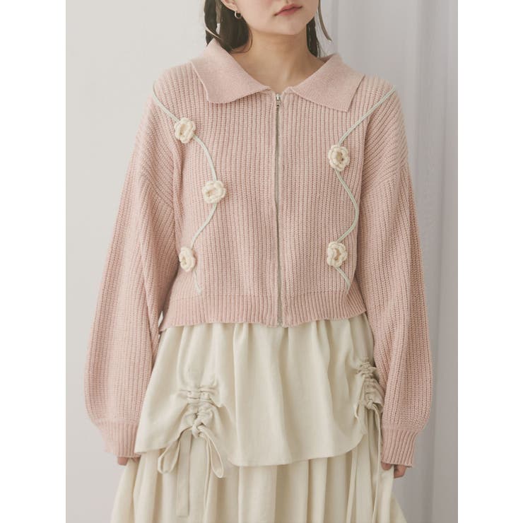 ピンク | お花咲いたzipニットカーディガン | merry jenny