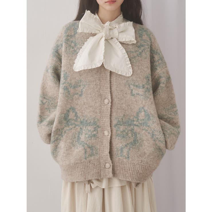 ベージュ | ribbon jacquard knit cardigan | merry jenny