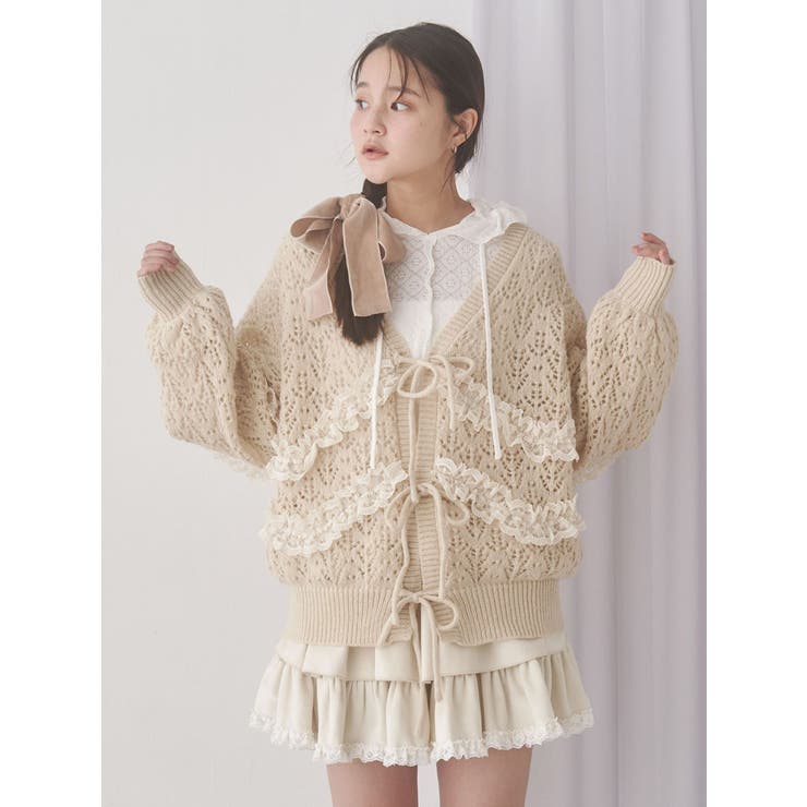 【美品】フォクシー カシミア100％ニットカーディガン フリル ライトベージュ フォクシーブティック カーディガン フェアリー 27966 40 アイボリー