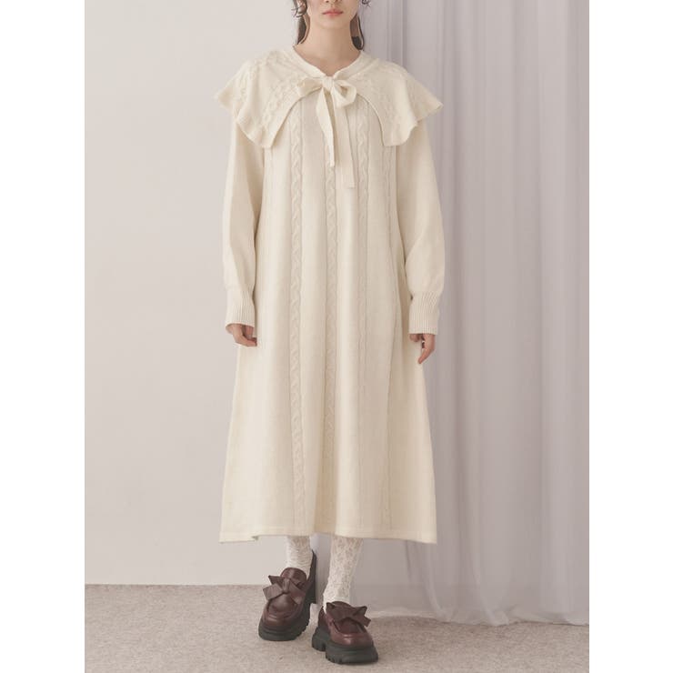 アイボリー | ケープリボンニットワンピース | merry jenny