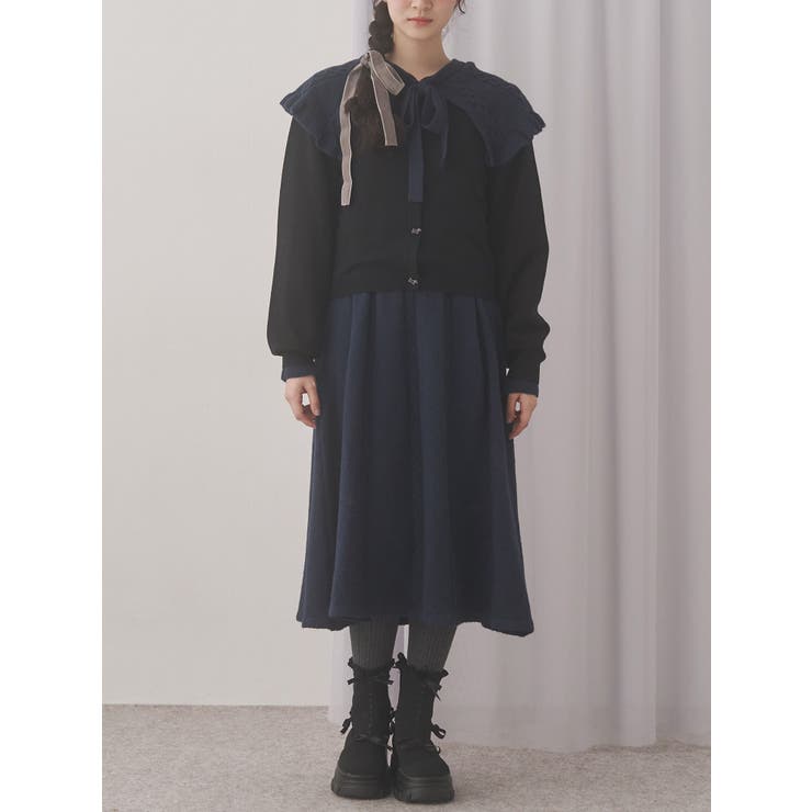 ネイビー | ケープリボンニットワンピース | merry jenny