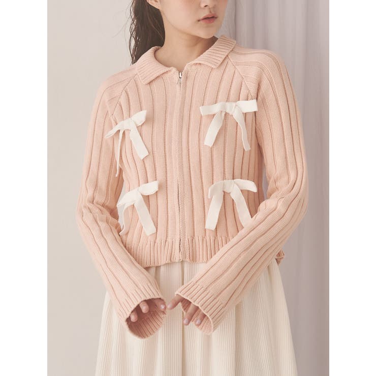 ピンク | ribbon washed zip kinit | merry jenny