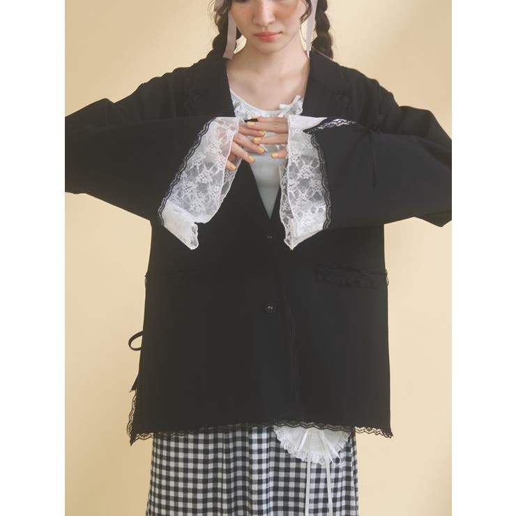 ブラック | lace slit ribbon jacket | merry jenny