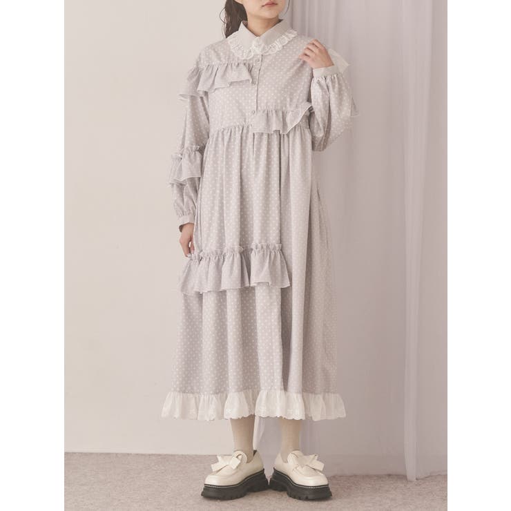 グレー | フリルドットデコレーションワンピース | merry jenny