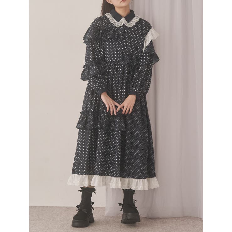 ネイビー | フリルドットデコレーションワンピース | merry jenny