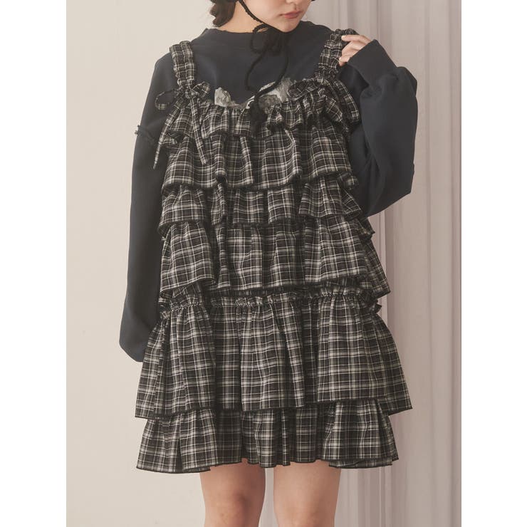 ブラック | チェックホイップクリームミニワンピース | merry jenny
