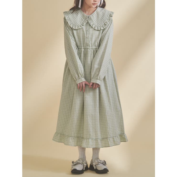 グリーン | チェックフリルカラーワンピース | merry jenny