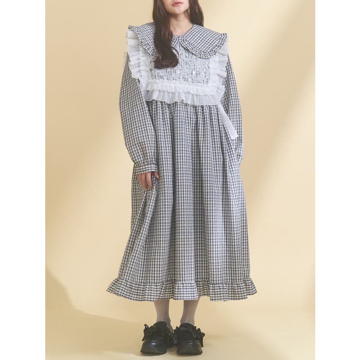 ネイビー | チェックフリルカラーワンピース | merry jenny