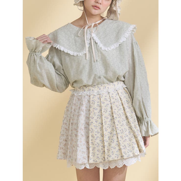 グリーン | dot laceフリルカラーブラウス | merry jenny