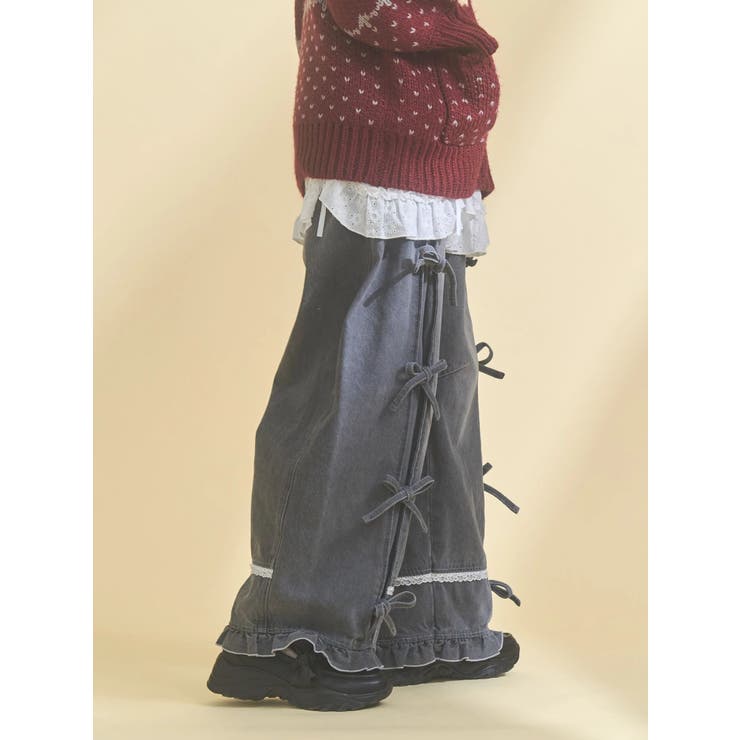 バレルレッグリボンデニムパンツ[品番：MKSW0067860]｜merry jenny