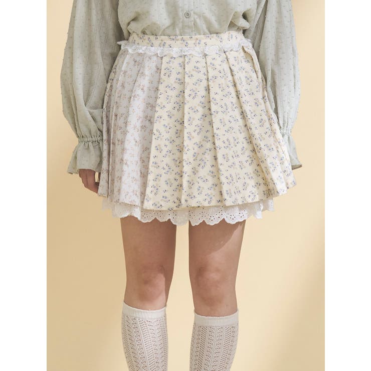 ブルー | flowerアソートプリーツミニスカート | merry jenny