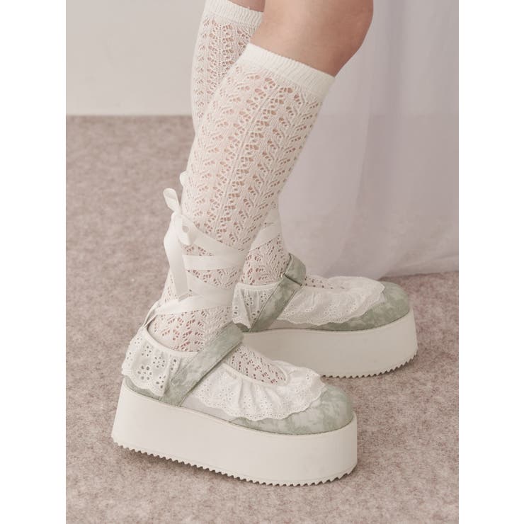 ミントグリーン | フリルレースアップ厚底スニーカー | merry jenny