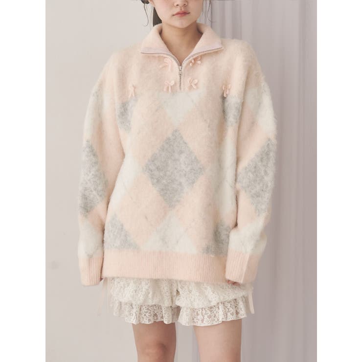 ピンク | fluffyアーガイルZIPニット | merry jenny