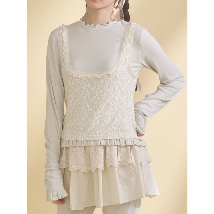 ベージュ | lace layered long tee | merry jenny