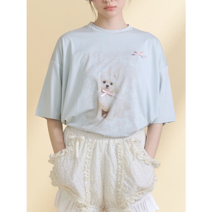 ブルー | ribbon dog collage tee | merry jenny