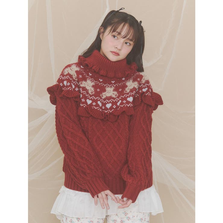 レッド | bear yoke knit tops | merry jenny