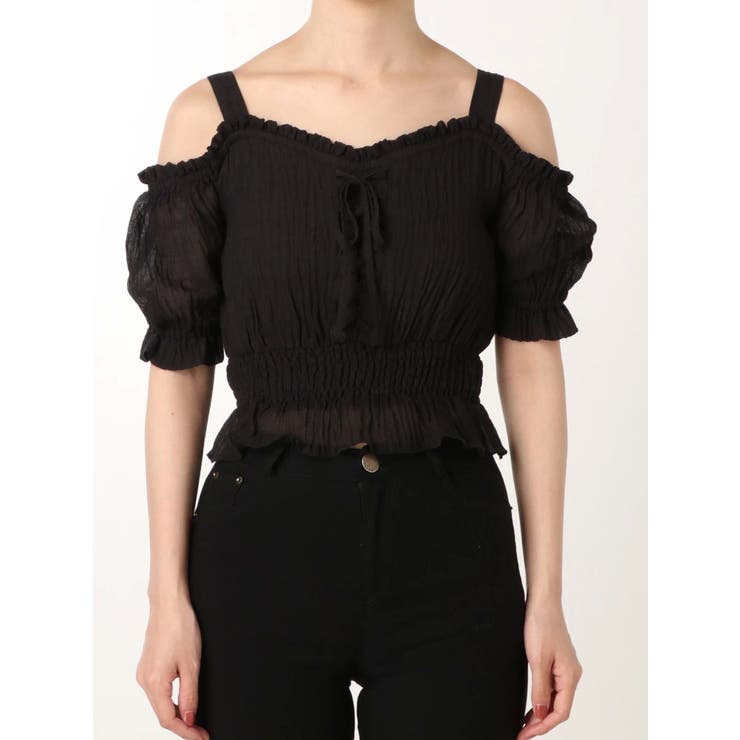 M me eme サイドリボン ビジュー オフショル シアートップス BLACK M me eme サイドリボン ビジュー オフショル シアートップス BLACK