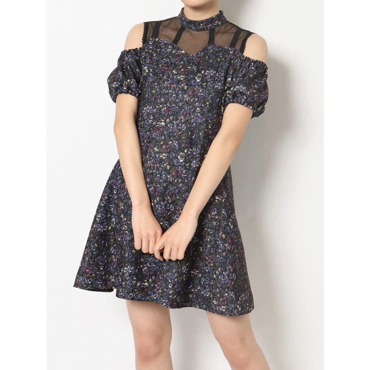 Vintage Flower Printオープンショルダーワンピース[品番 Vintage Flower Printオープンショルダーワンピース[品番