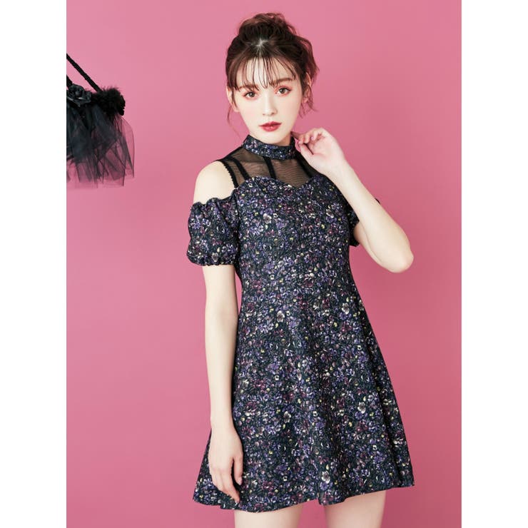 Vintage Flower Printオープンショルダーワンピース[品番 Vintage Flower Printオープンショルダーワンピース[品番