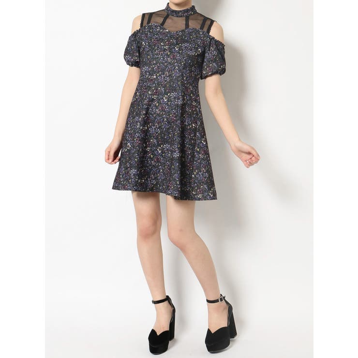 Vintage Flower Printオープンショルダーワンピース[品番