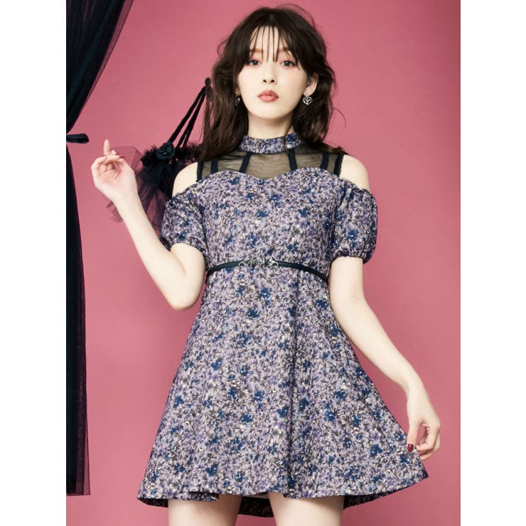 Vintage Flower Printオープンショルダーワンピース[品番