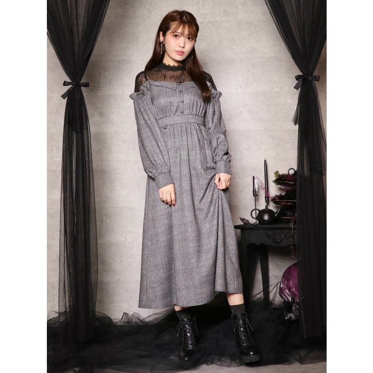レース長袖マキシワンピース グレー レースコンビガーターマキシワンピース【LARME 11月掲載】[品番