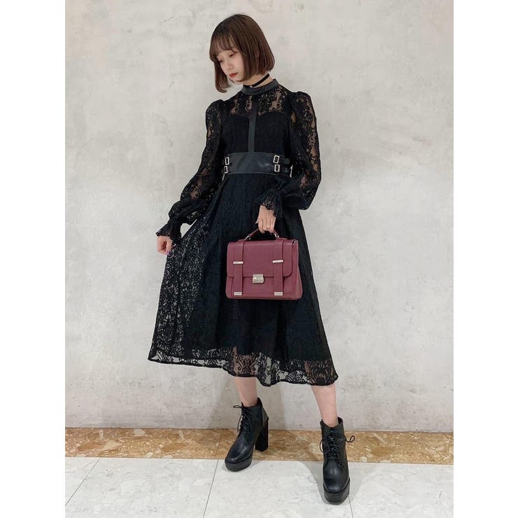 白井ちゃんさん専用　【美品】モヘア混 レース フェイクレザー切替 ワンピース ウエスト切り替え ロングワンピース ドレス[品番：LCLW0002394