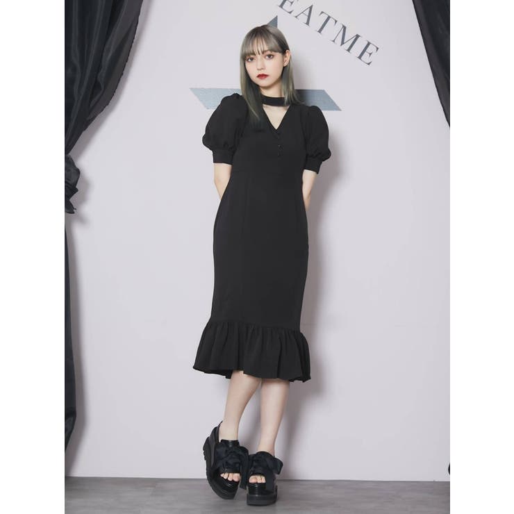EAT ME イートミー　ワンピース　リボン　サテン　ブラック EATME メッシュコンビリブワンピース（ブラック） -ファッション