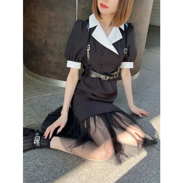 ☆未使用 JUSGLITTY バイカラーヘムカットワンピース Mサイズ ブラック