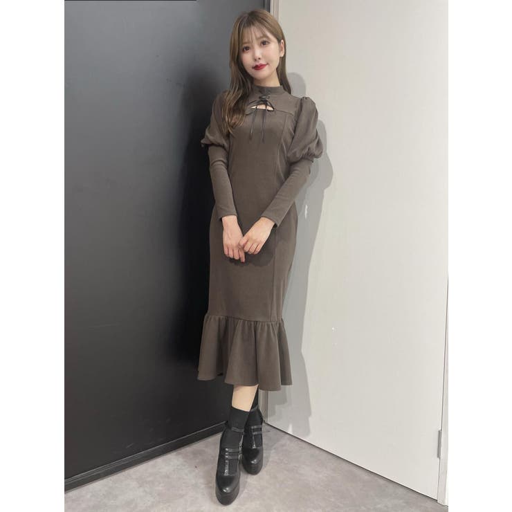 FRONTレースアップマーメイドリブワンピース[品番：MKSW0048277