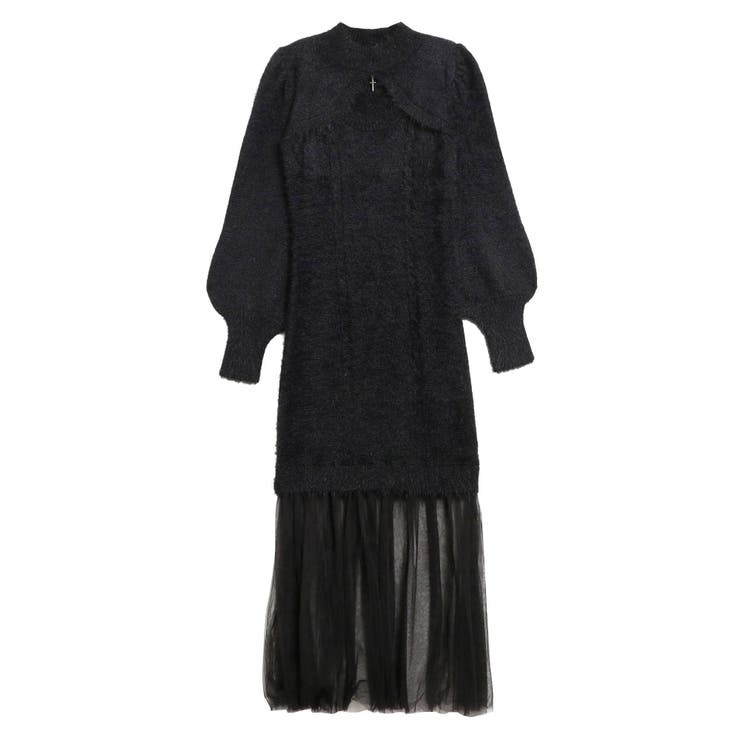 EATME イートミー チェックチュールマキシワンピース ドレス 黒 ヘムチュールニットワンピース[品番：MKSW0049219]｜EATME