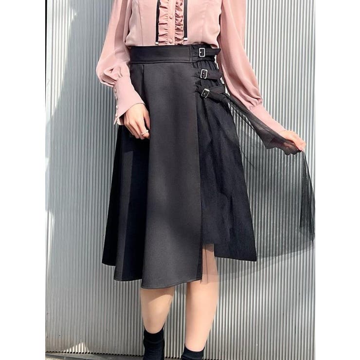 レザー プリーツスカート シープスキン×シフォン 異素材コンビ