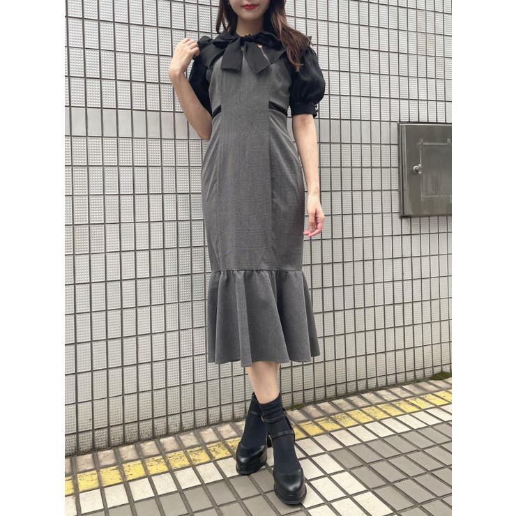 ラッフルカラーボウタイレイヤードワンピース[品番：MKSW0052089
