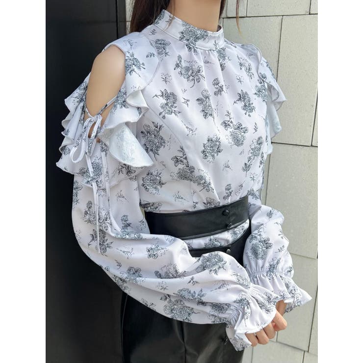 グレー | フリルリボンオープンショルダーブラウス | EATME