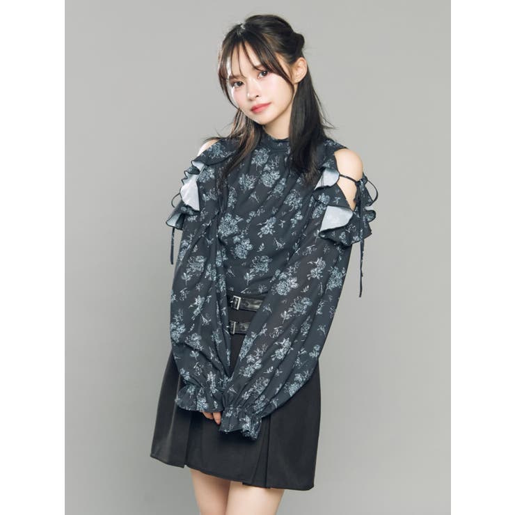 ブラック | フリルリボンオープンショルダーブラウス | EATME