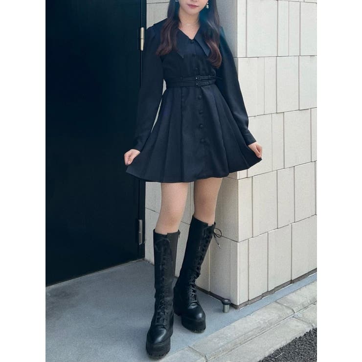 ブラック | ダブルベルトサイドプリーツワンピース | EATME