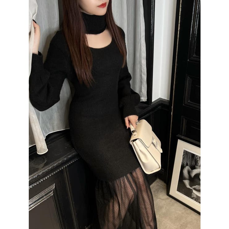 ブラック | チュールドッキングニットワンピース | EATME