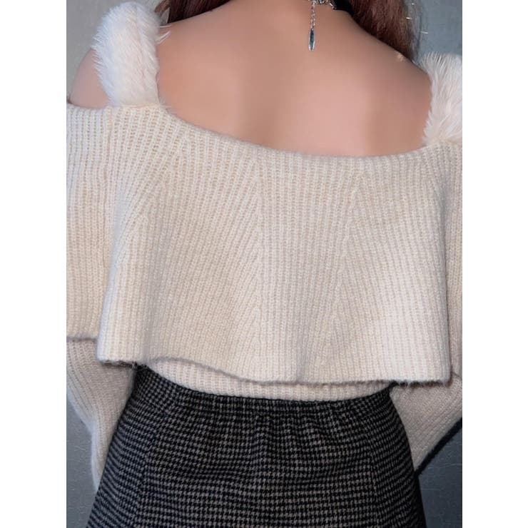 フェイクファーストラップオフショルダーリブニット[品番：MKSW0054729