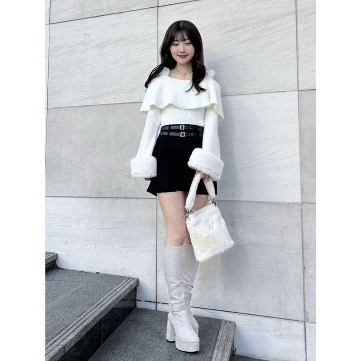 フェイクファーストラップオフショルダーリブニット[品番：MKSW0054729