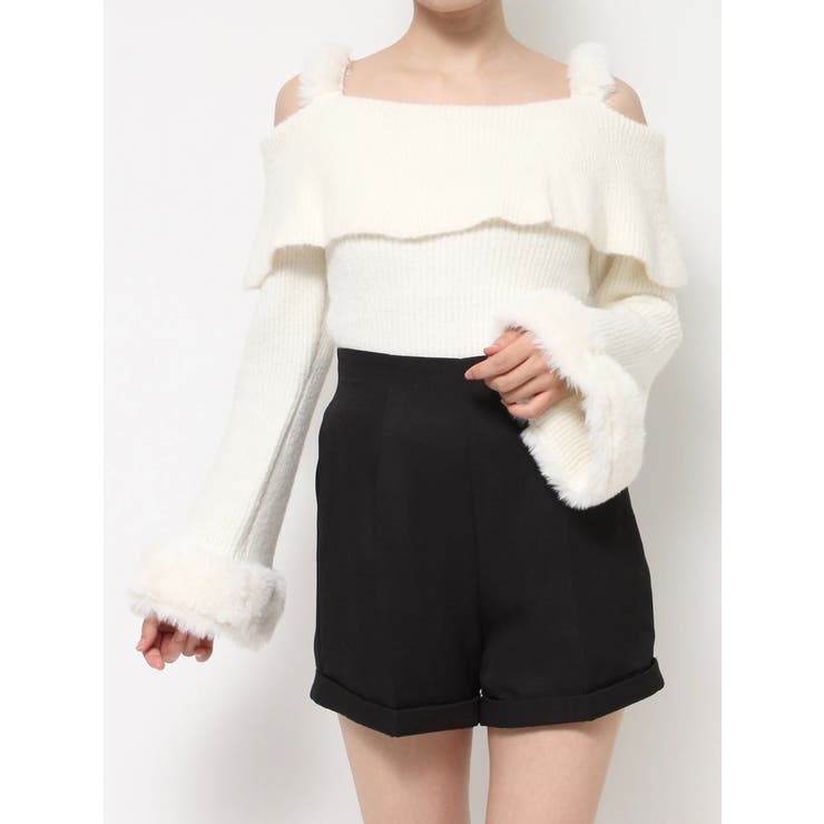 フェイクファーストラップオフショルダーリブニット[品番：MKSW0054729