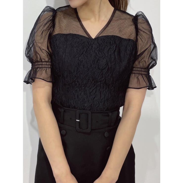 ブラック | Vネックチュールコンビブラウス | EATME