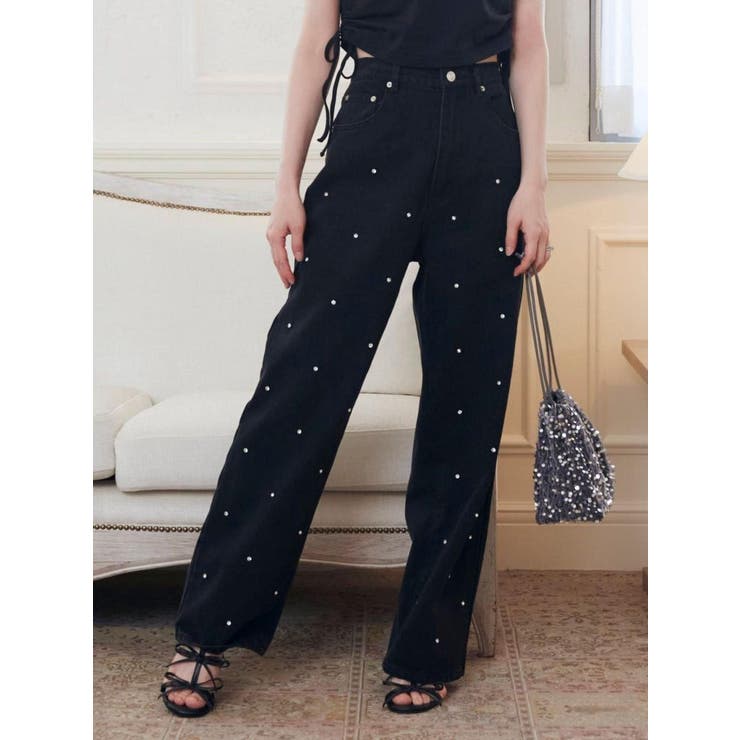 ブラック | ストーン付きデニムパンツ | EATME