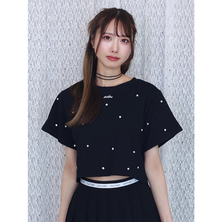 ブラック | パールストーン付クロップドTシャツ | EATME