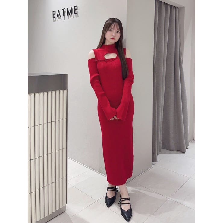レッド | デコルテカットアウトニットワンピース | EATME