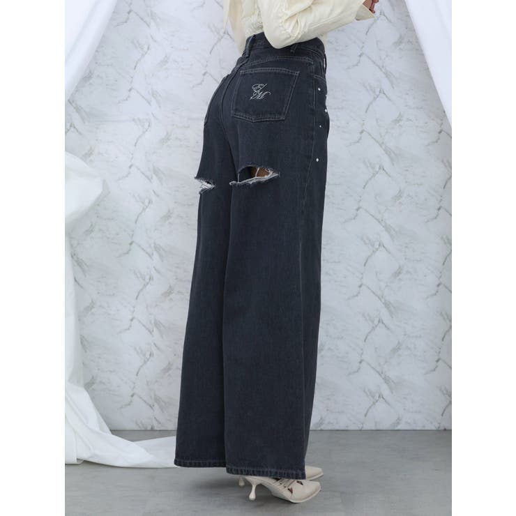 カットアウトストーン付ワイドデニムパンツ[品番：MKSW0060917