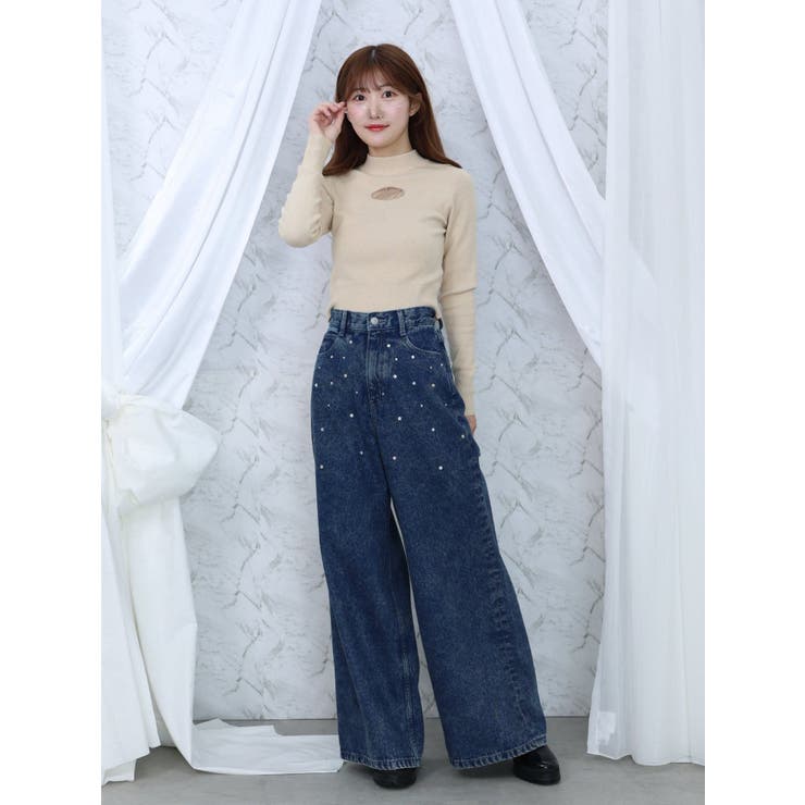 カットアウトストーン付ワイドデニムパンツ[品番：MKSW0060917