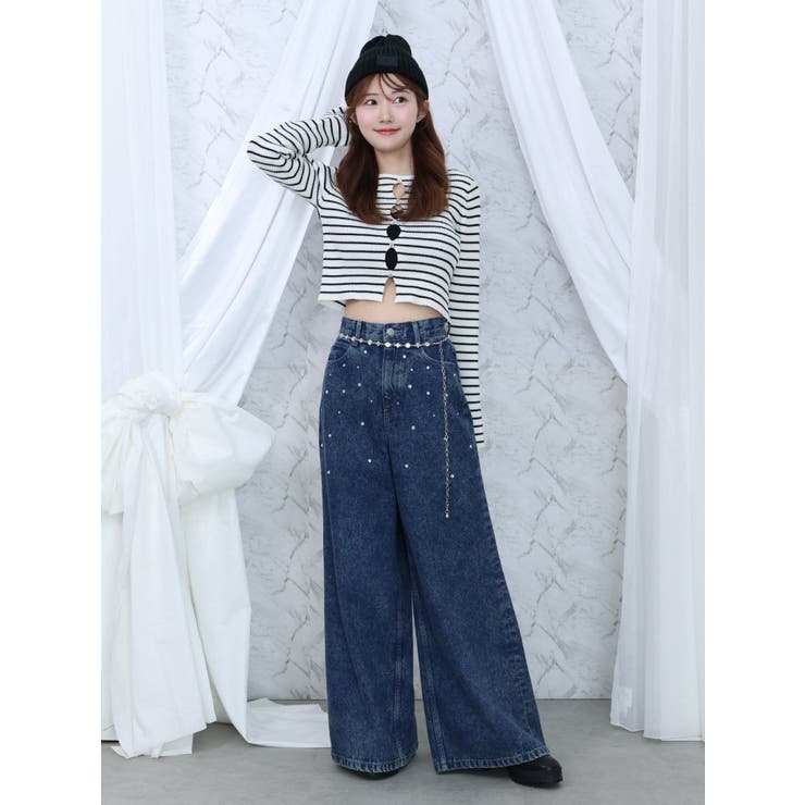 カットアウトストーン付ワイドデニムパンツ[品番：MKSW0060917